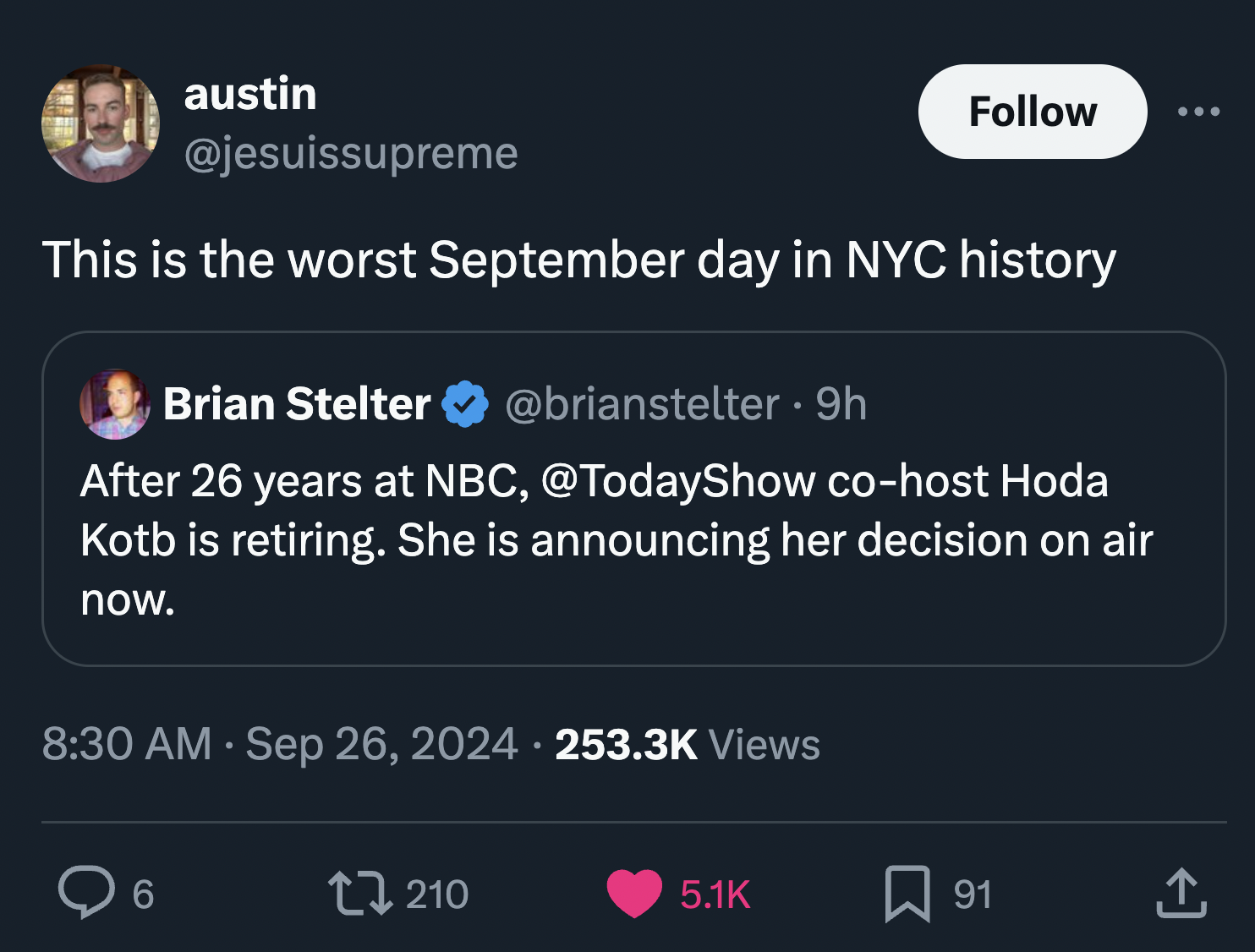 screenshot - austin This is the worst September day in Nyc history Brian Stelter 9h After 26 years at Nbc, cohost Hoda Kotb is retiring. She is announcing her decision on air now. Views 6 210 91